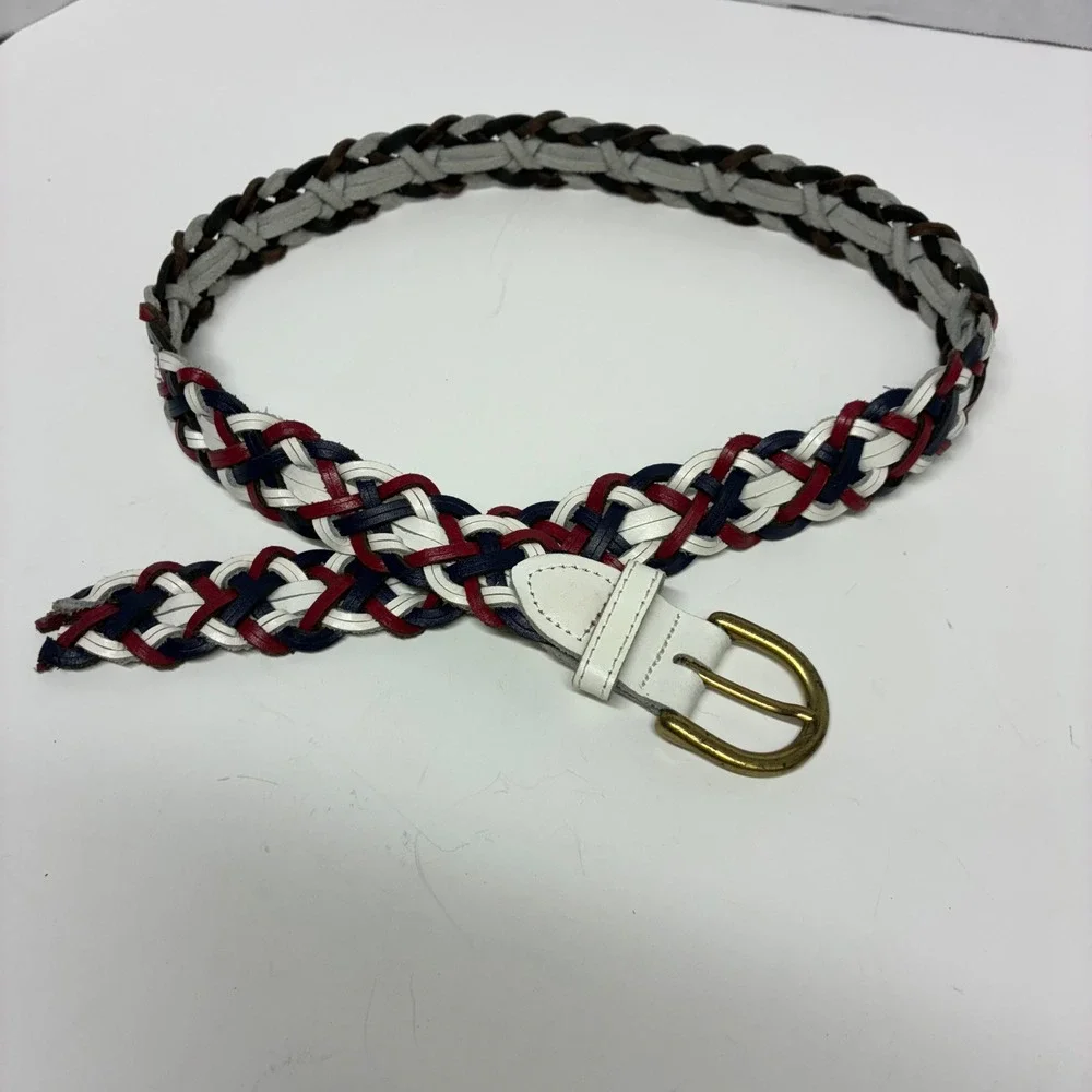 Vtg Capezio Braided Woven Leather Belt Multicolor Red White Blue Small Argentina